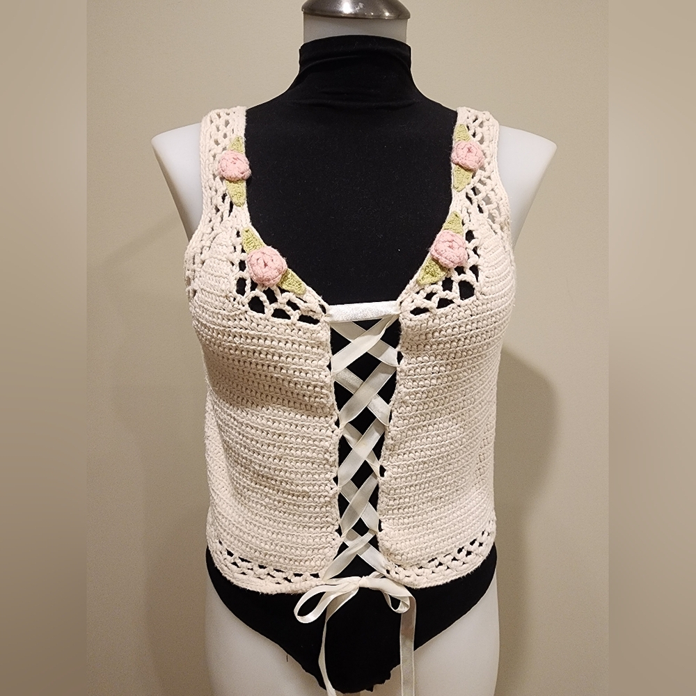 Vintage 90s Styleworks Cotton Crochet Lace Up Tank Floral Cream Small/Medium